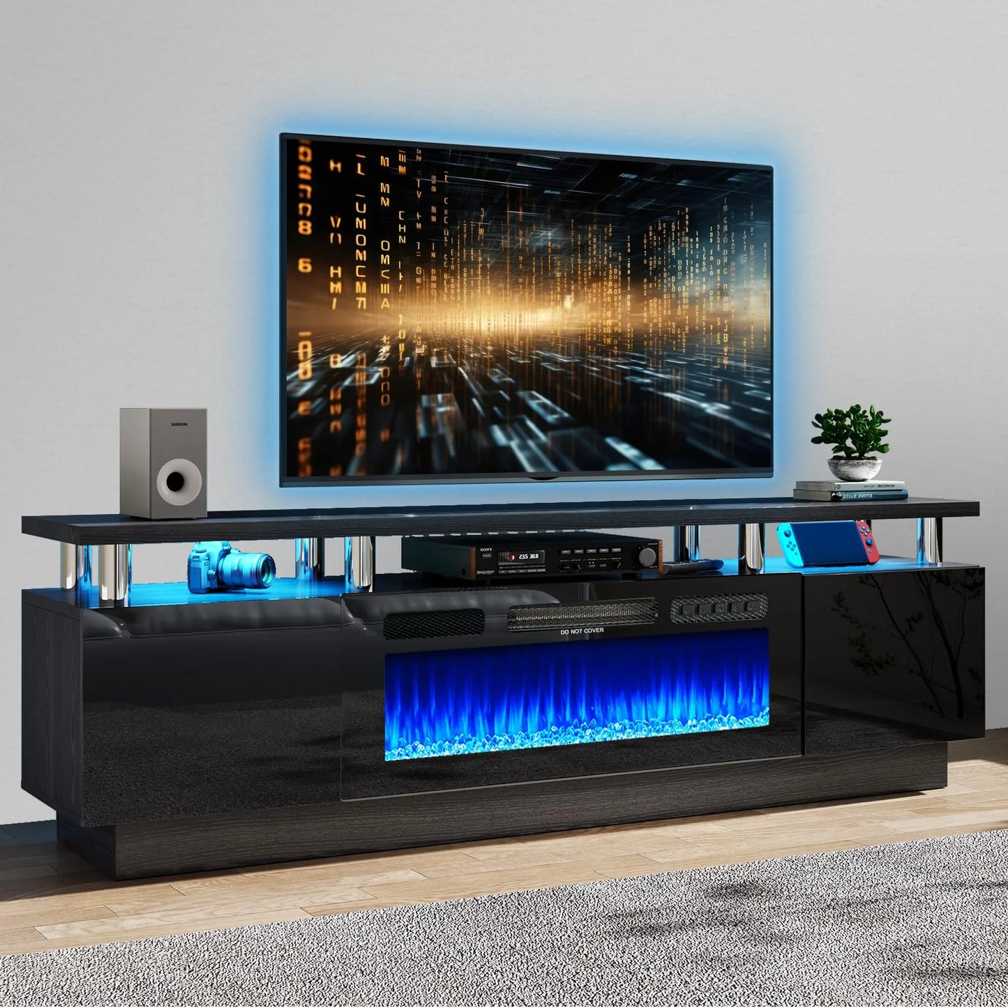 Fireplace TV Stand, Entertainment Center for Tvs up to 80", 70” TV Stand with 36'' Electric Fireplace, LED Lights Entertainment Center, TV Console, Black