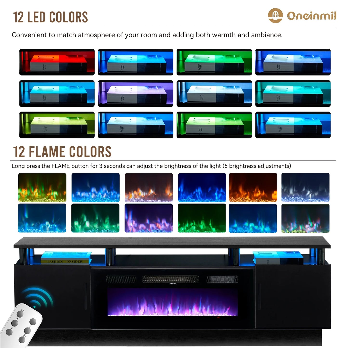 Fireplace TV Stand, Entertainment Center for Tvs up to 80", 70” TV Stand with 36'' Electric Fireplace, LED Lights Entertainment Center, TV Console, Black
