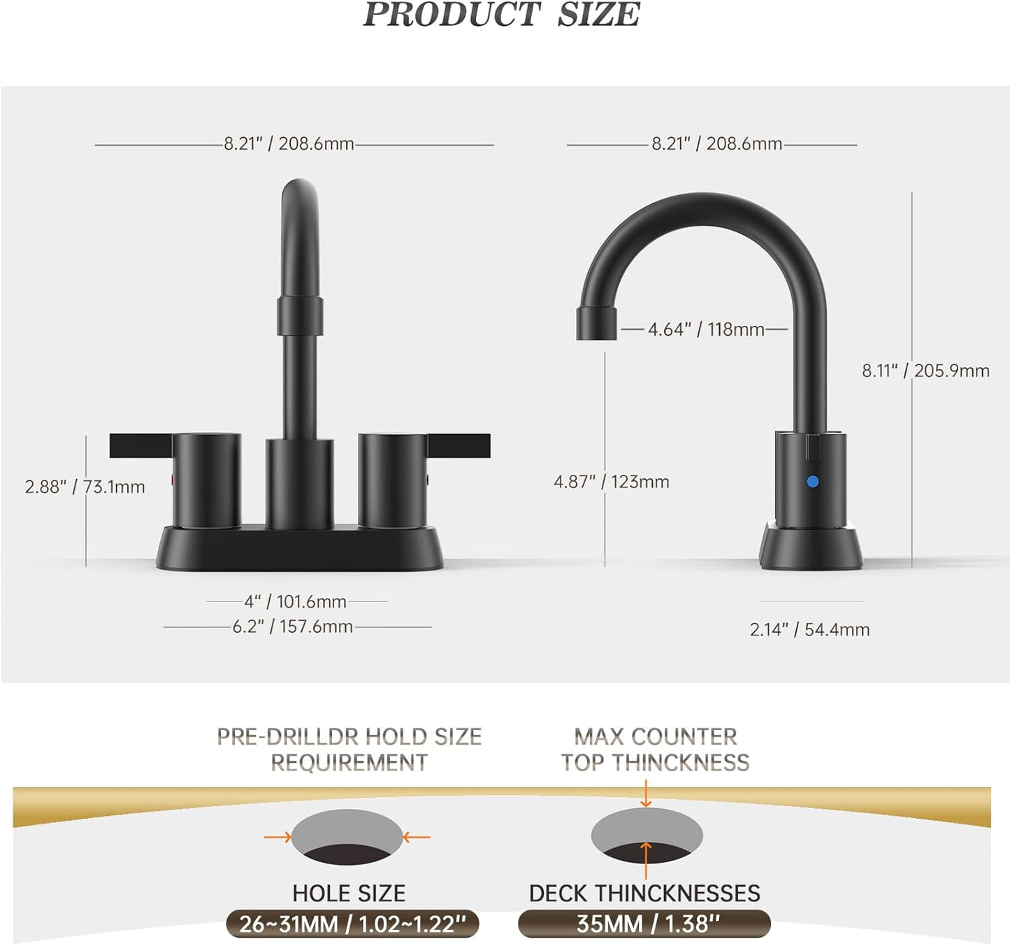 4 Inch 2 Handle Centerset Matte Black Lead-Free Modern Bathroom Faucet, 360 Swivel Spout 2-3 Hole RV Bathroom Vanity Sink Faucet with Pop up Drain and Water Supply Lines,Bf015-1-Mb