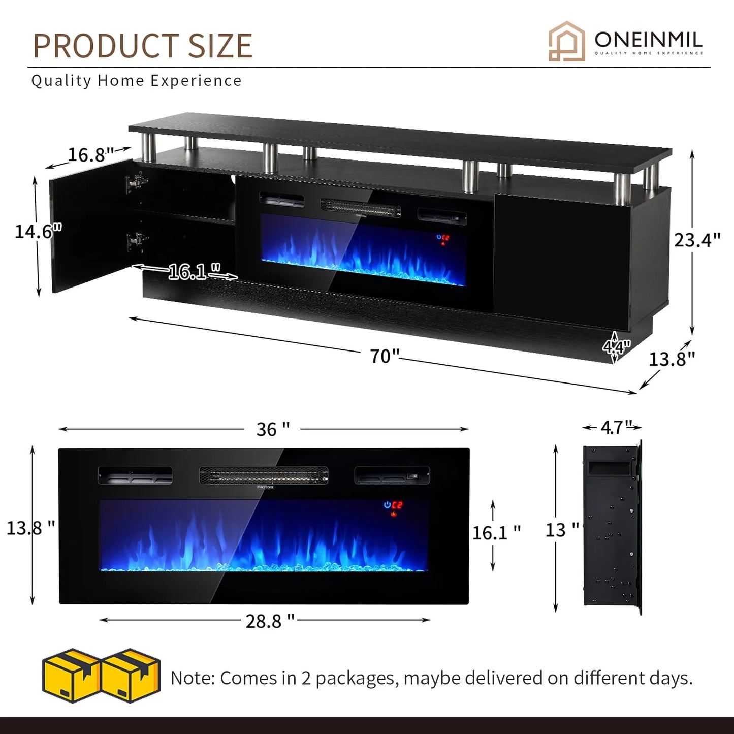 Fireplace TV Stand, Entertainment Center for Tvs up to 80", 70” TV Stand with 36'' Electric Fireplace, LED Lights Entertainment Center, TV Console, Black