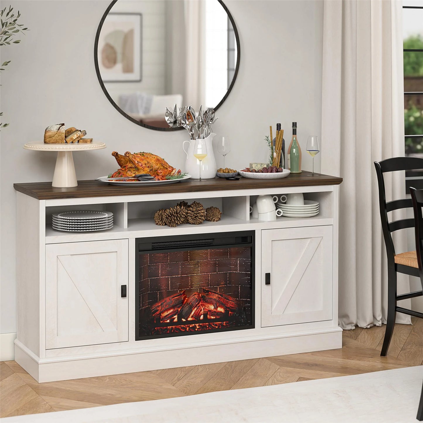 Ashton Lane Electric Fireplace TV Stand for Tvs up to 65", Magnolia Oak/Columbia Walnut