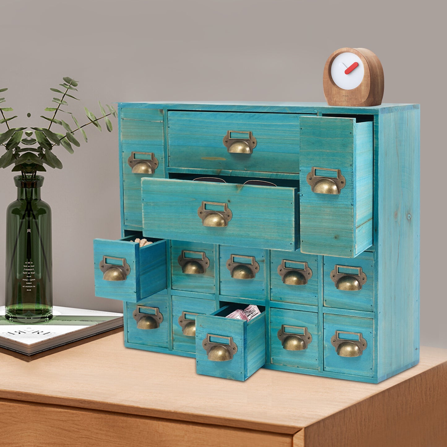 Armario De Almacenamiento Retro De 14 Cajones Organizador De Joyas De Madera Para Dormitorio Mesa