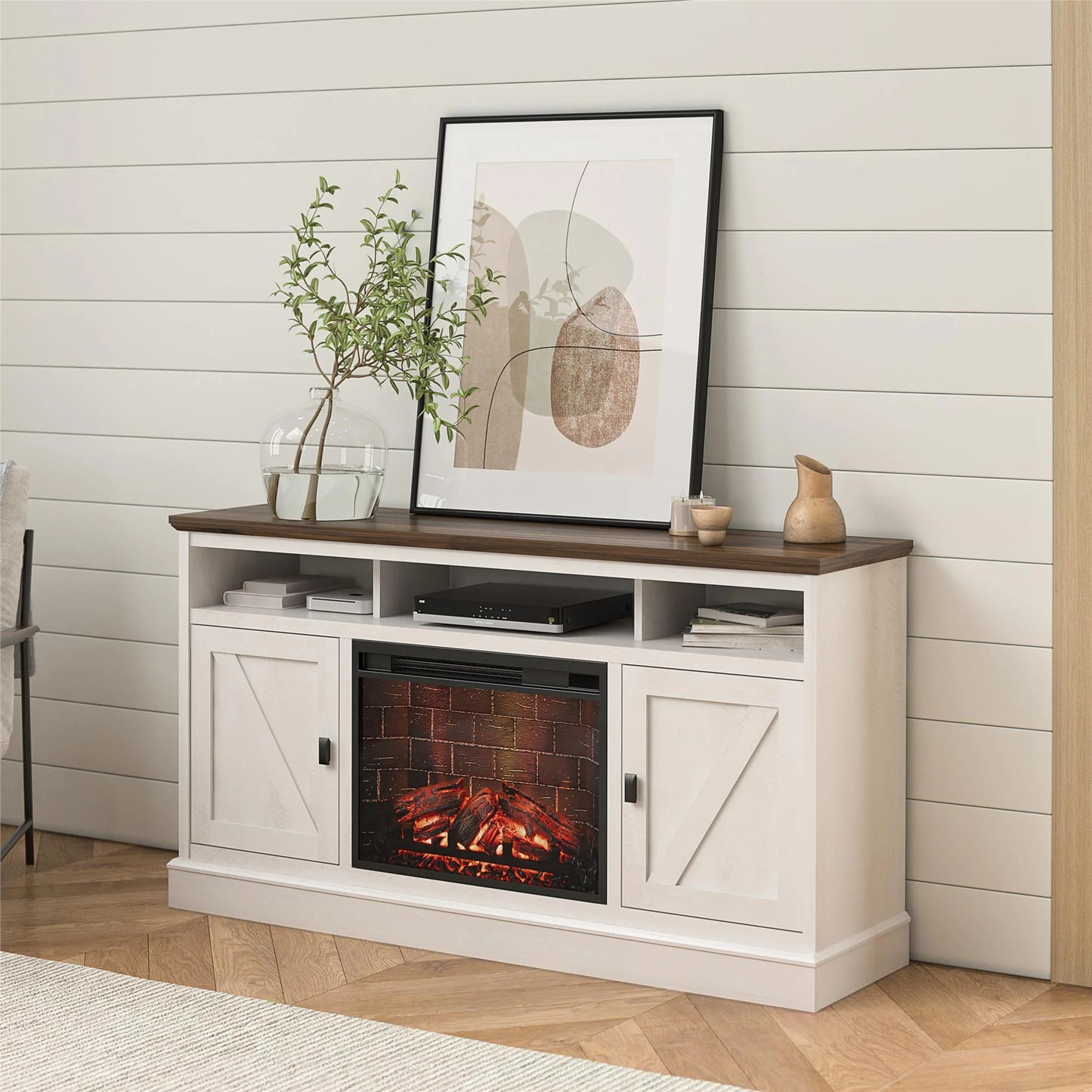 Ashton Lane Electric Fireplace TV Stand for Tvs up to 65", Magnolia Oak/Columbia Walnut