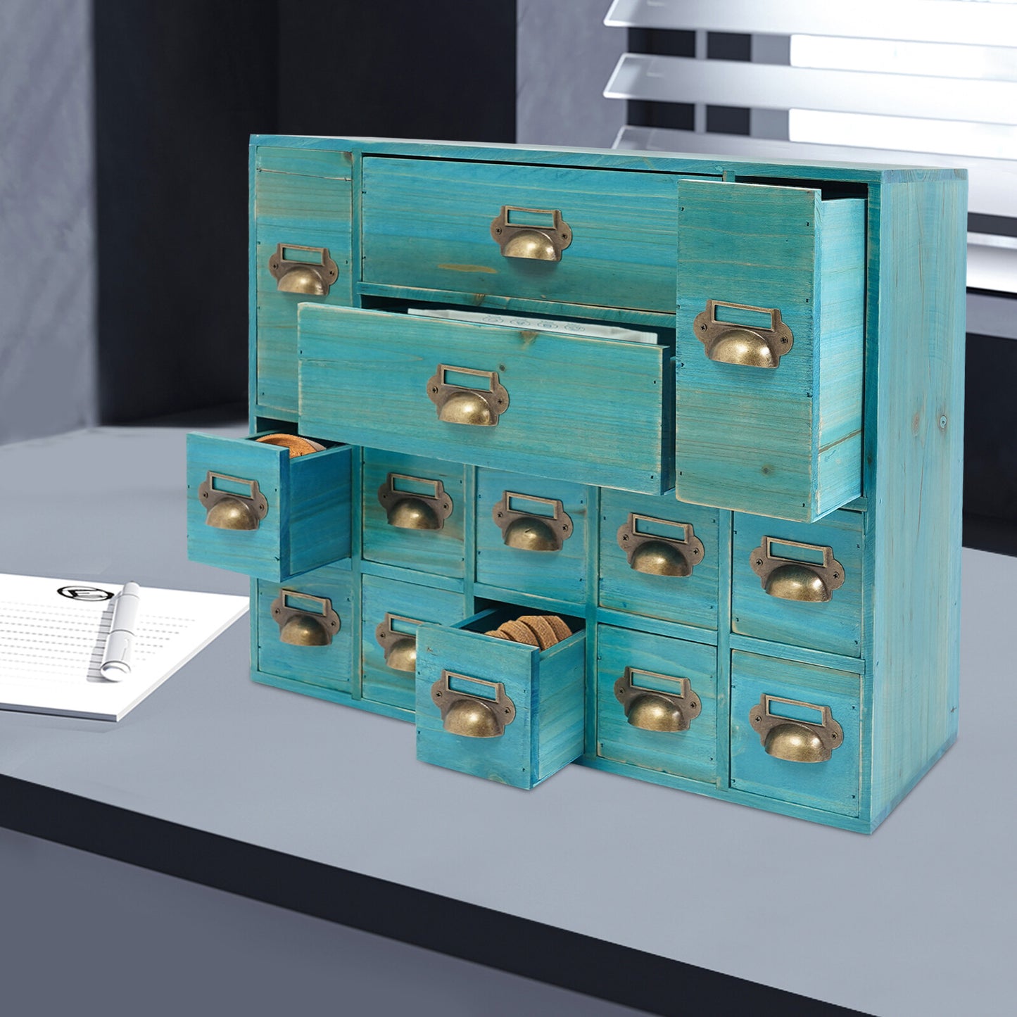 Armario De Almacenamiento Retro De 14 Cajones Organizador De Joyas De Madera Para Dormitorio Mesa