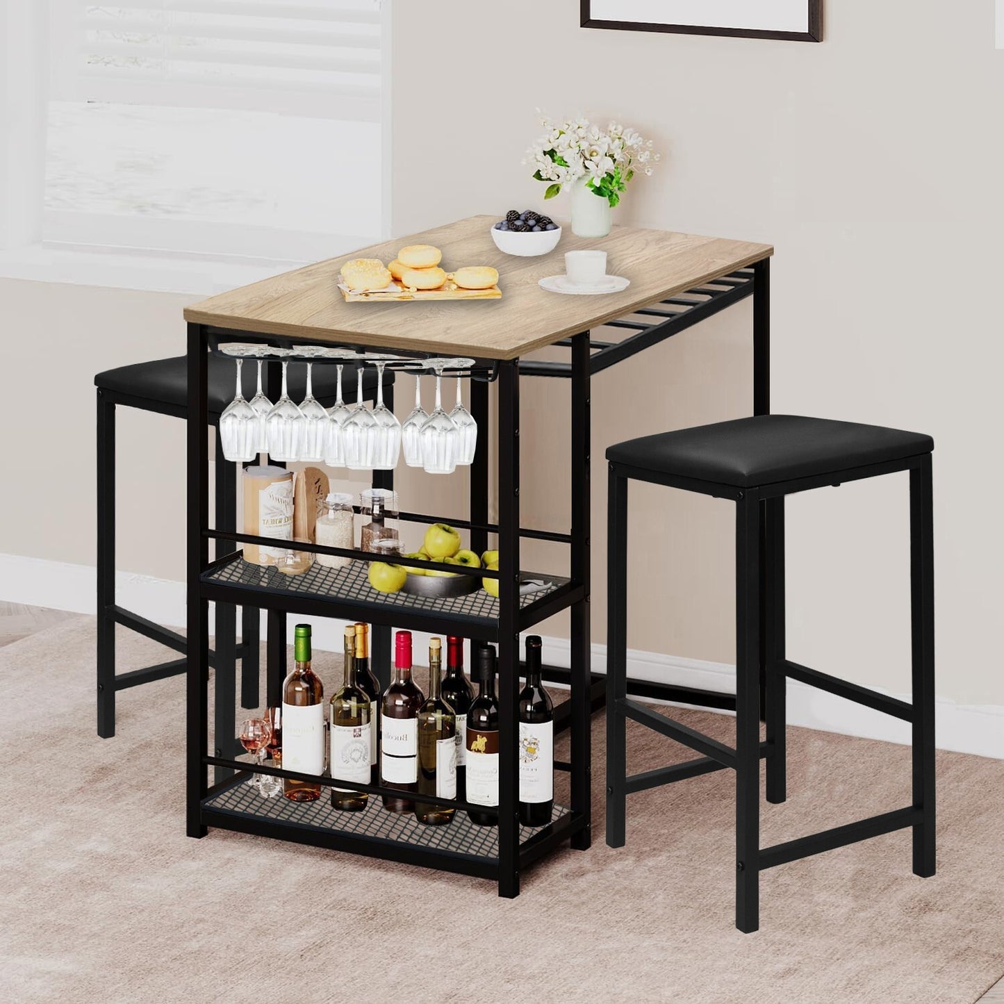 Juego De Mesa De Comedor Bar Para 2 Con Estantes De Almacenamiento Portavasos Y Estante Para Vinos