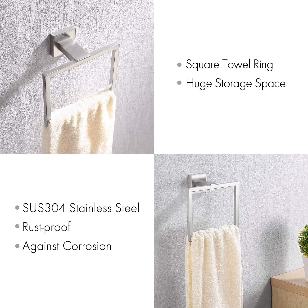 Bath Towel Ring Towel Hanger SUS 304 Stainless Steel Bathroom Accessories Contemporary Hotel Square Style Wall Mount, Brushed Finish, A2480-2