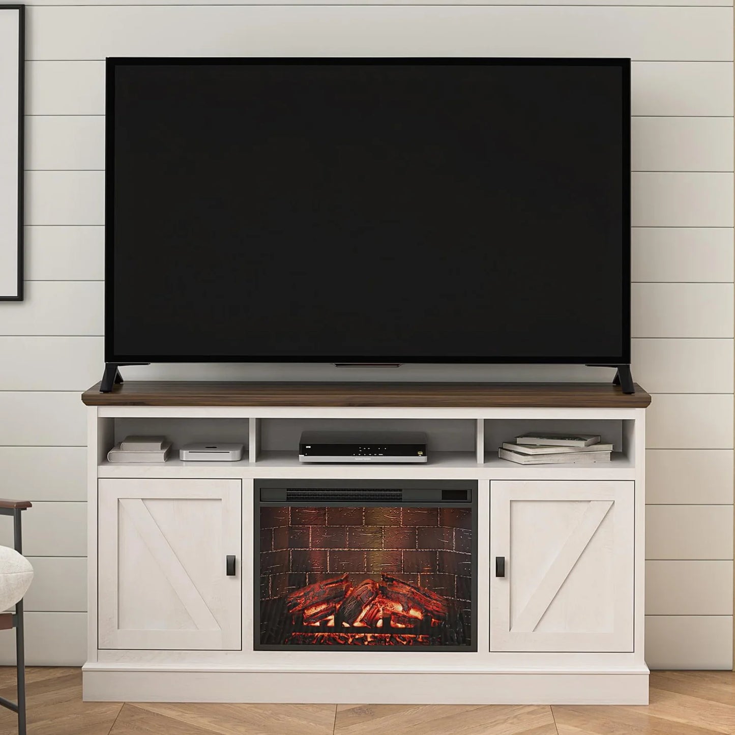 Ashton Lane Electric Fireplace TV Stand for Tvs up to 65", Magnolia Oak/Columbia Walnut