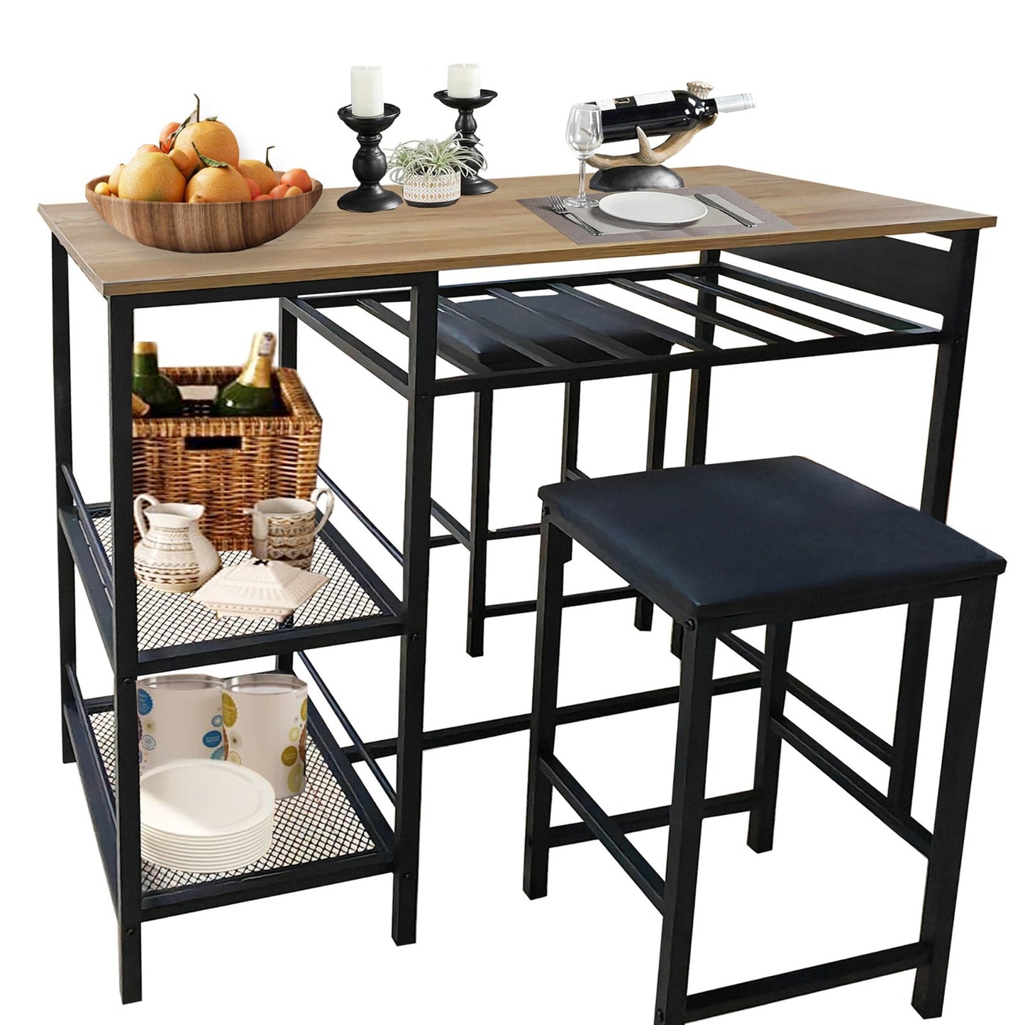Juego De Mesa De Comedor Bar Para 2 Con Estantes De Almacenamiento Portavasos Y Estante Para Vinos