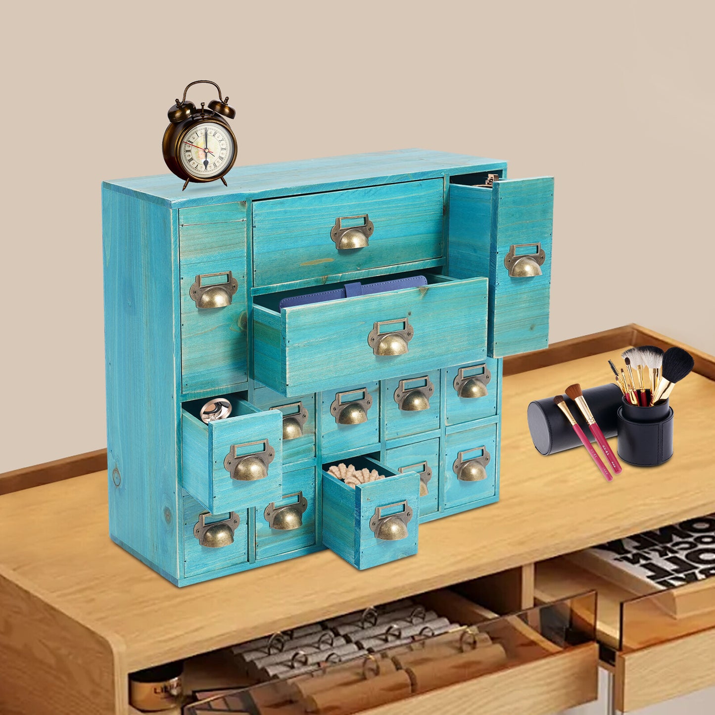 Armario De Almacenamiento Retro De 14 Cajones Organizador De Joyas De Madera Para Dormitorio Mesa