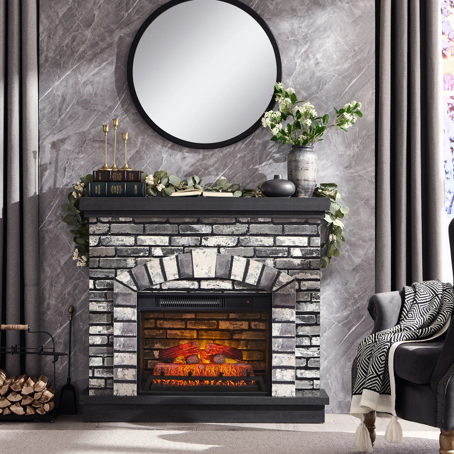 Electric Fireplace with Mantel for 42" TV Stand, Floor Standing Electric Indoor Fireplace