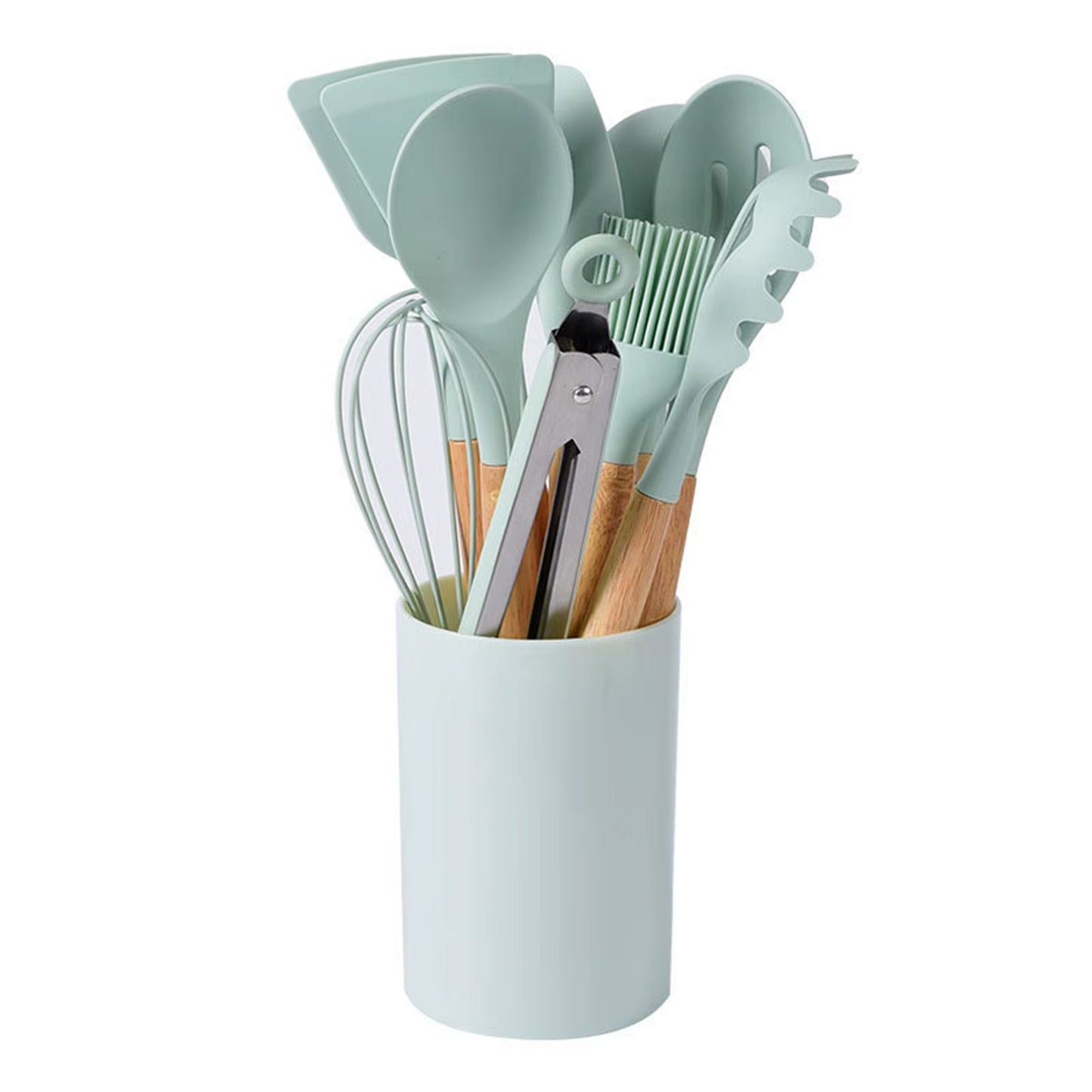 12Pcs/Set Silicone Kitchen Utensils with Holder Wooden Handle Non Stick Pot Kitchenware Kit Heat Resistant Cookware Tools