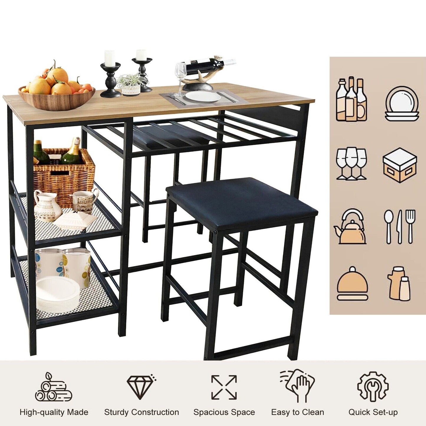 Juego De Mesa De Comedor Bar Para 2 Con Estantes De Almacenamiento Portavasos Y Estante Para Vinos
