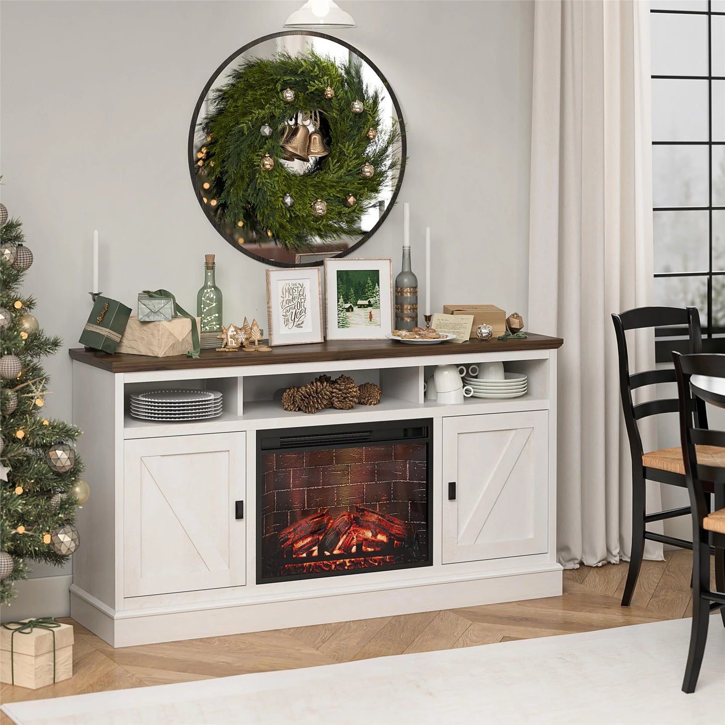 Ashton Lane Electric Fireplace TV Stand for Tvs up to 65", Magnolia Oak/Columbia Walnut