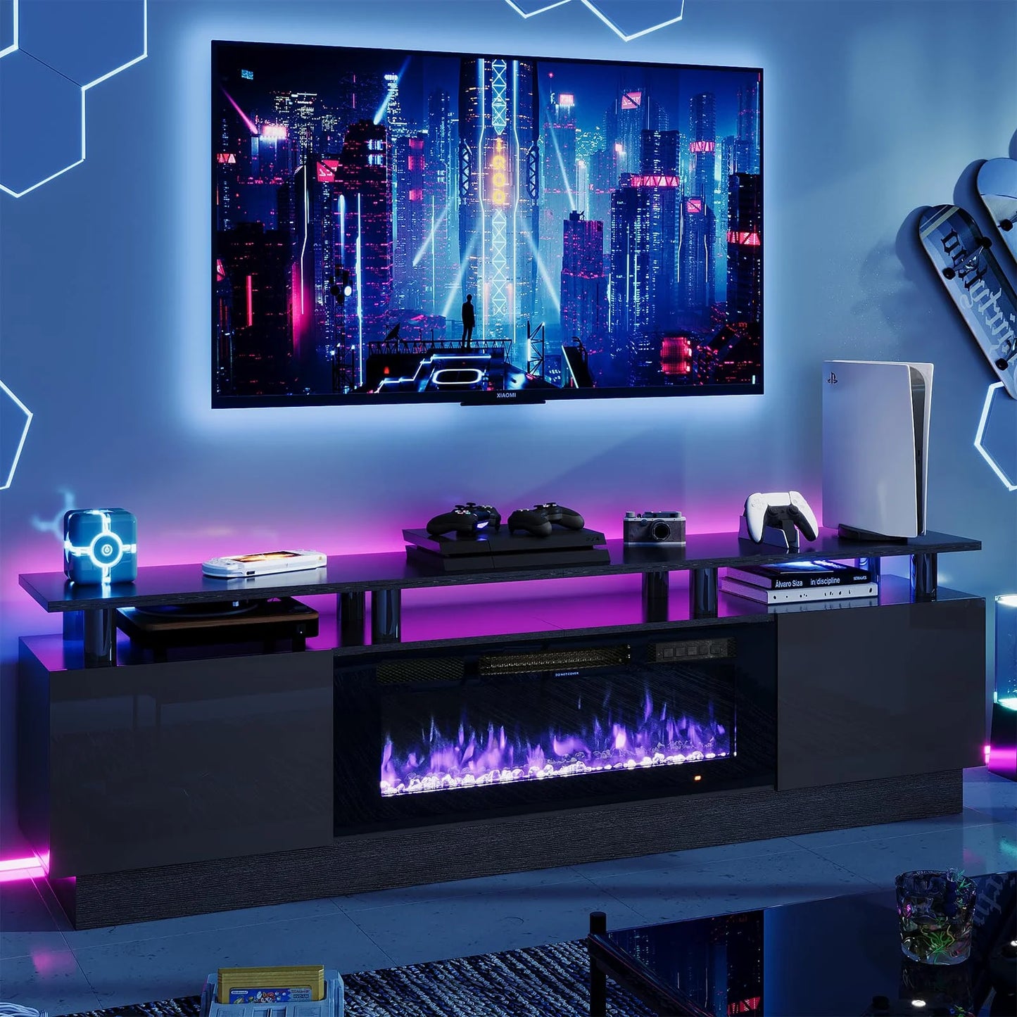 Fireplace TV Stand, Entertainment Center for Tvs up to 80", 70” TV Stand with 36'' Electric Fireplace, LED Lights Entertainment Center, TV Console, Black