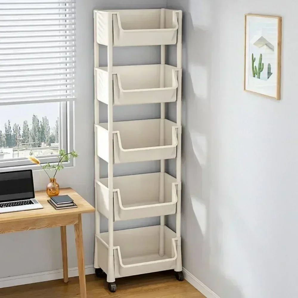 Multi-Tier Snacks Trolley Mobile Living Room Bookshelf with Wheels Bathroom Kitchen Narrow Slit Cabinet Plastic Cart Organizer