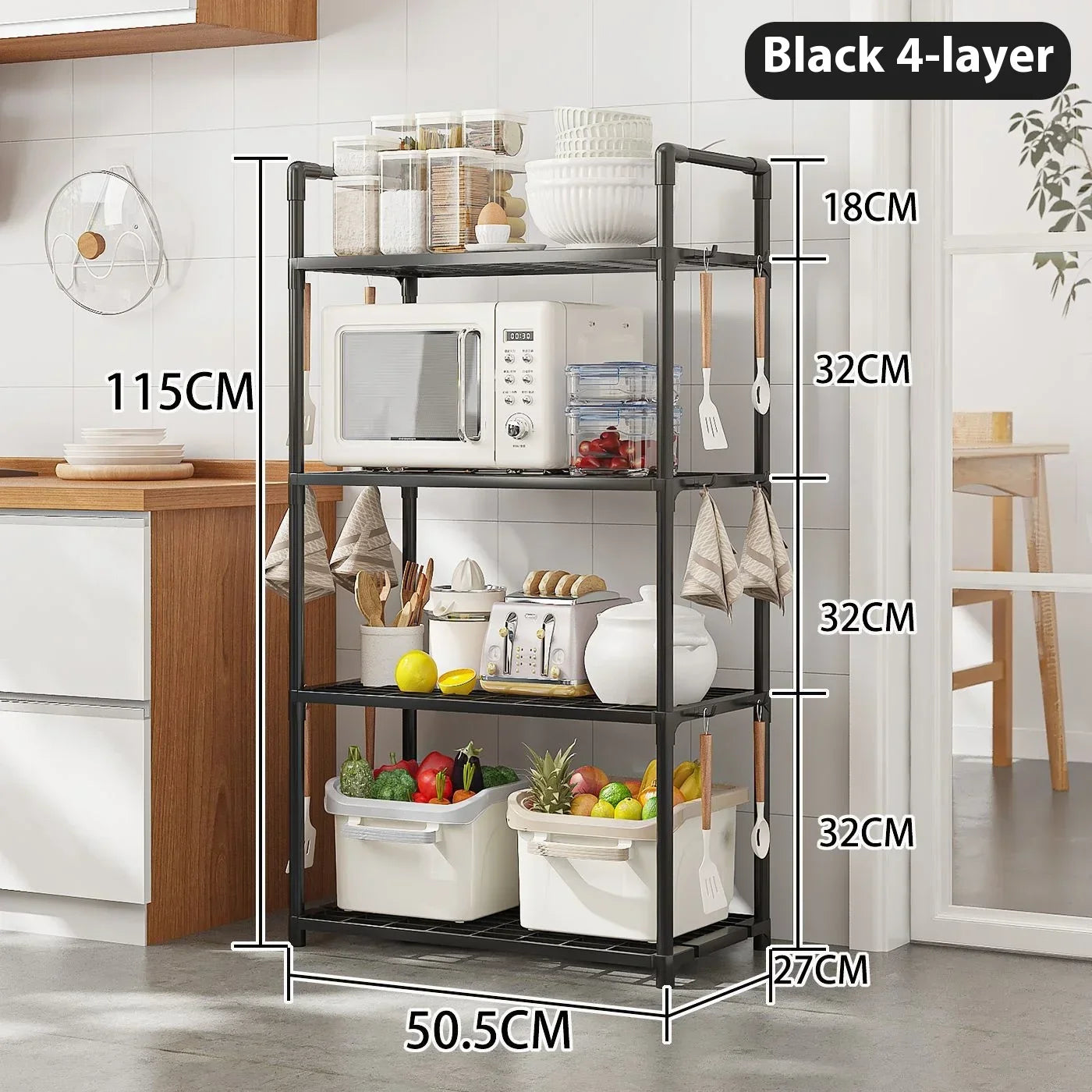 Floor Standing Storage Rack Kitchen Bathroom Microwave Rack Multi Functional Movable without Punching Holes Household Shelves