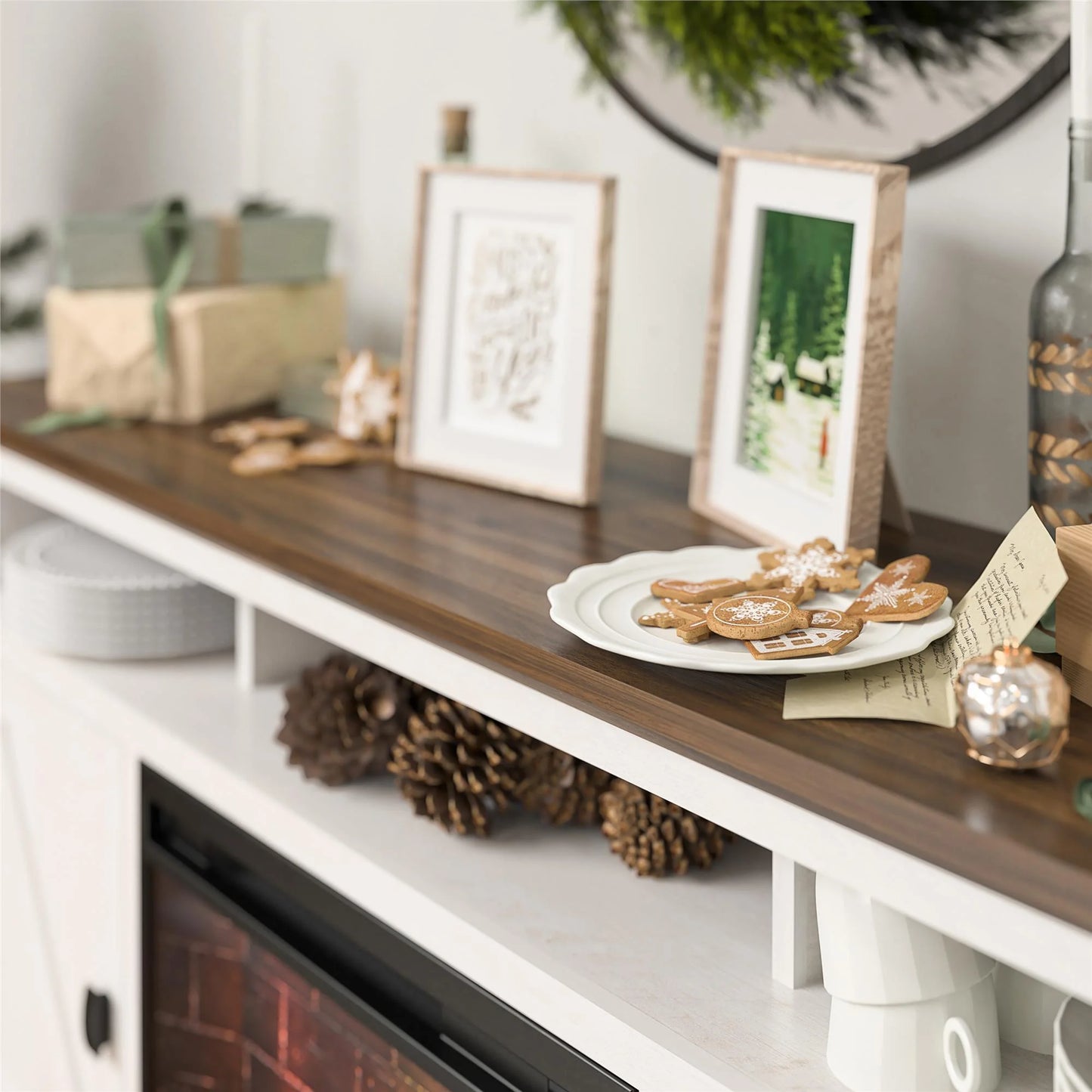 Ashton Lane Electric Fireplace TV Stand for Tvs up to 65", Magnolia Oak/Columbia Walnut