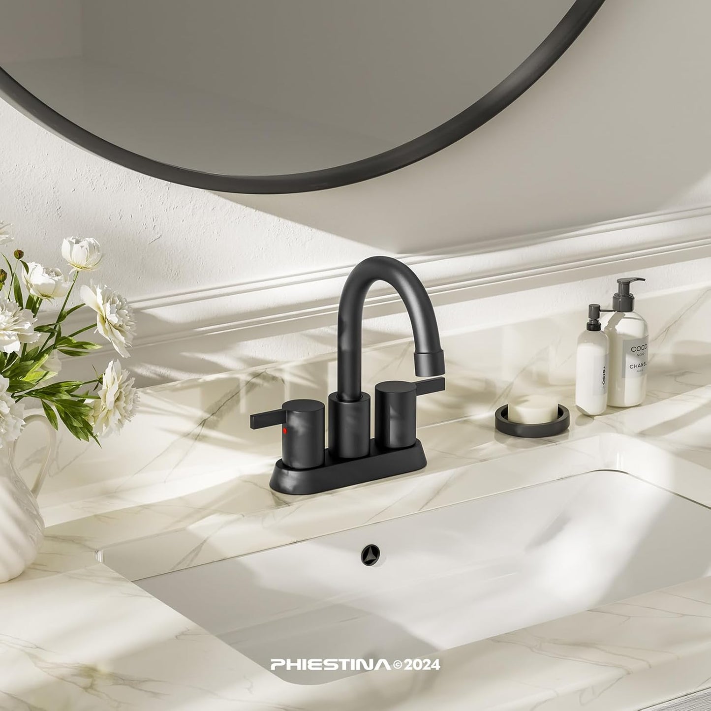 4 Inch 2 Handle Centerset Matte Black Lead-Free Modern Bathroom Faucet, 360 Swivel Spout 2-3 Hole RV Bathroom Vanity Sink Faucet with Pop up Drain and Water Supply Lines,Bf015-1-Mb