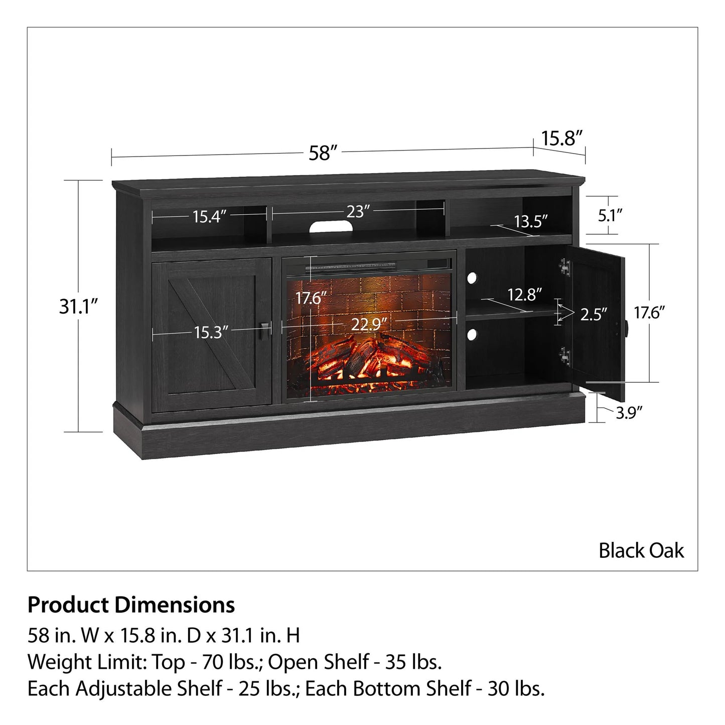 Ashton Lane Electric Fireplace TV Stand for Tvs up to 65", Black Oak