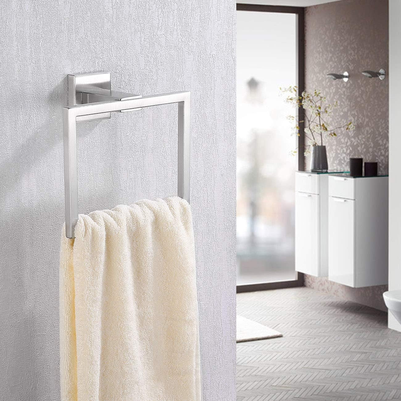 Bath Towel Ring Towel Hanger SUS 304 Stainless Steel Bathroom Accessories Contemporary Hotel Square Style Wall Mount, Brushed Finish, A2480-2
