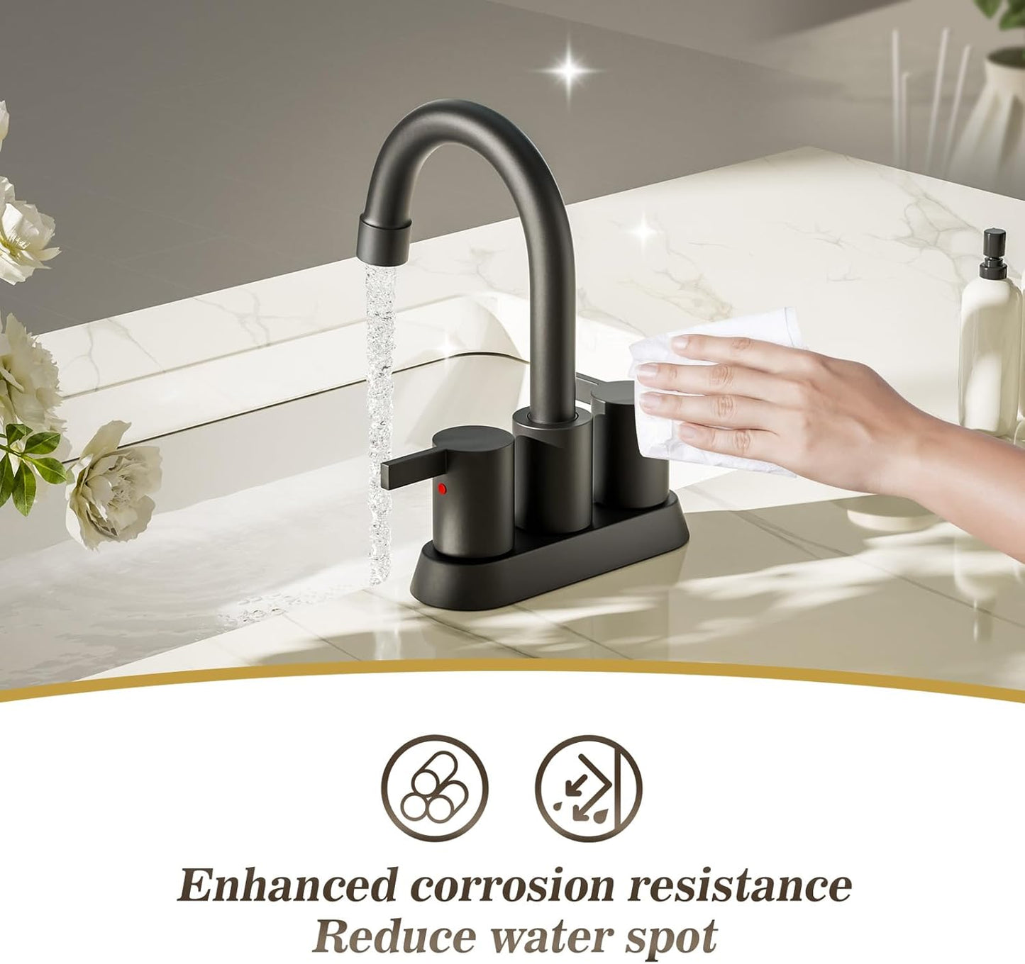 4 Inch 2 Handle Centerset Matte Black Lead-Free Modern Bathroom Faucet, 360 Swivel Spout 2-3 Hole RV Bathroom Vanity Sink Faucet with Pop up Drain and Water Supply Lines,Bf015-1-Mb