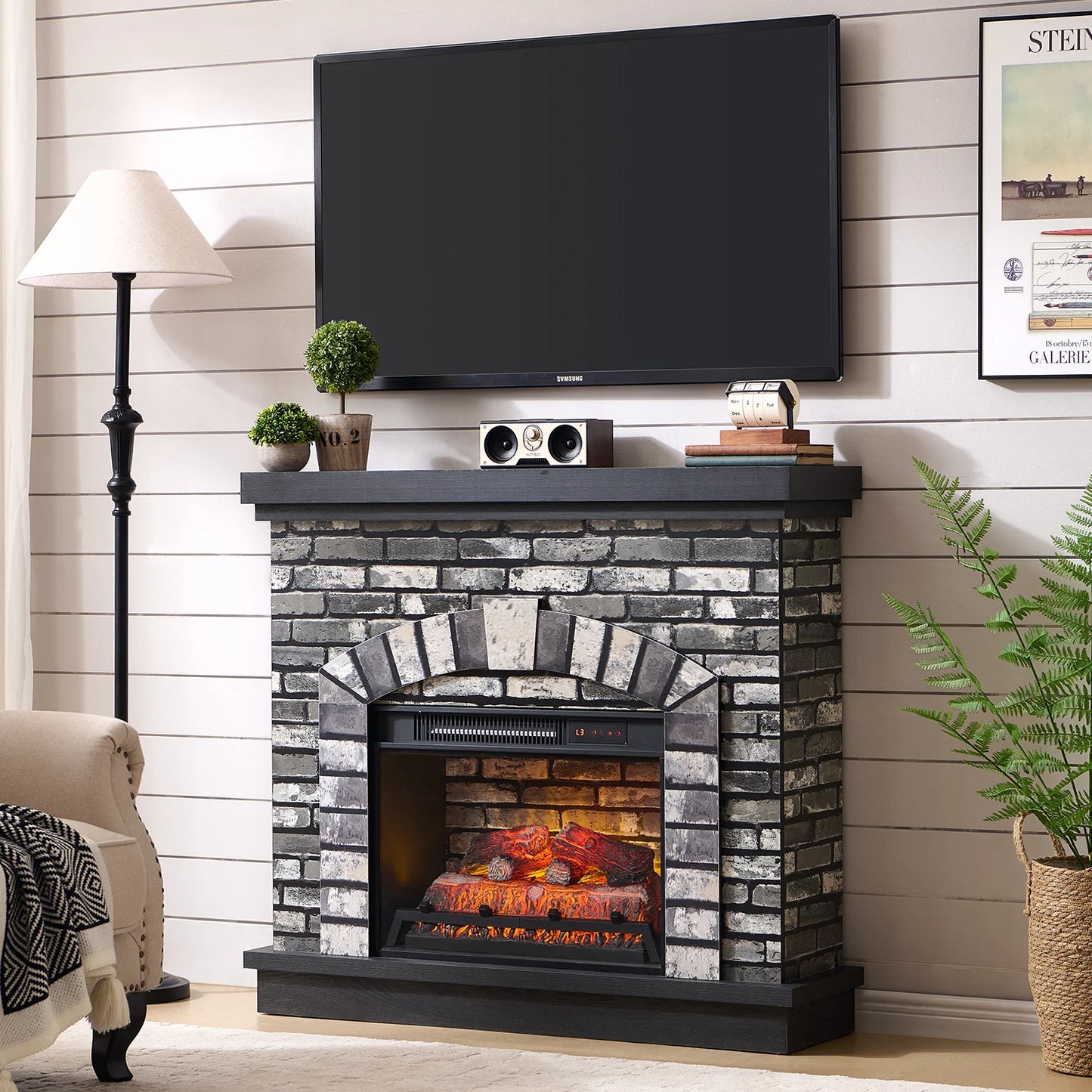 Electric Fireplace with Mantel for 42" TV Stand, Floor Standing Electric Indoor Fireplace