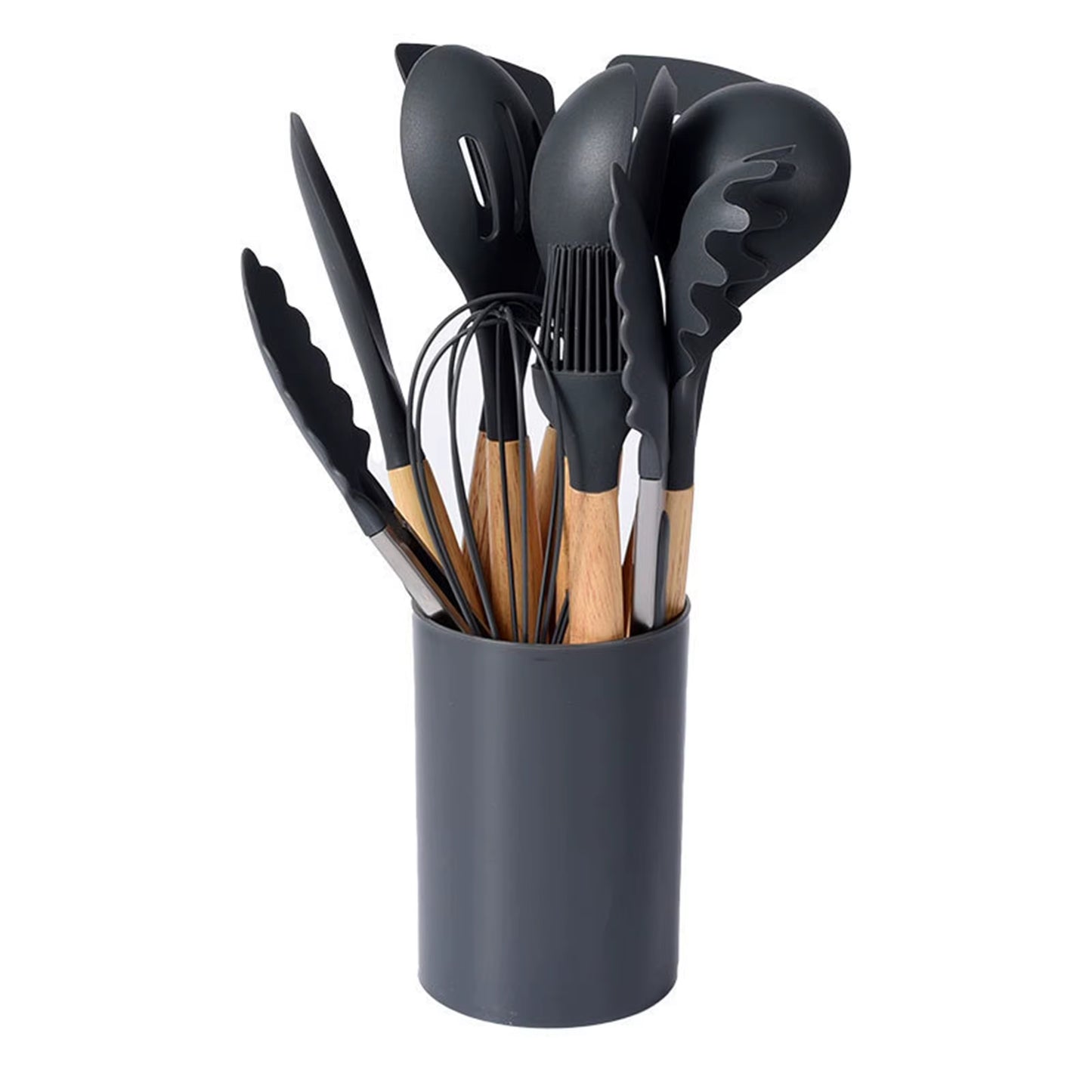 12Pcs/Set Silicone Kitchen Utensils with Holder Wooden Handle Non Stick Pot Kitchenware Kit Heat Resistant Cookware Tools