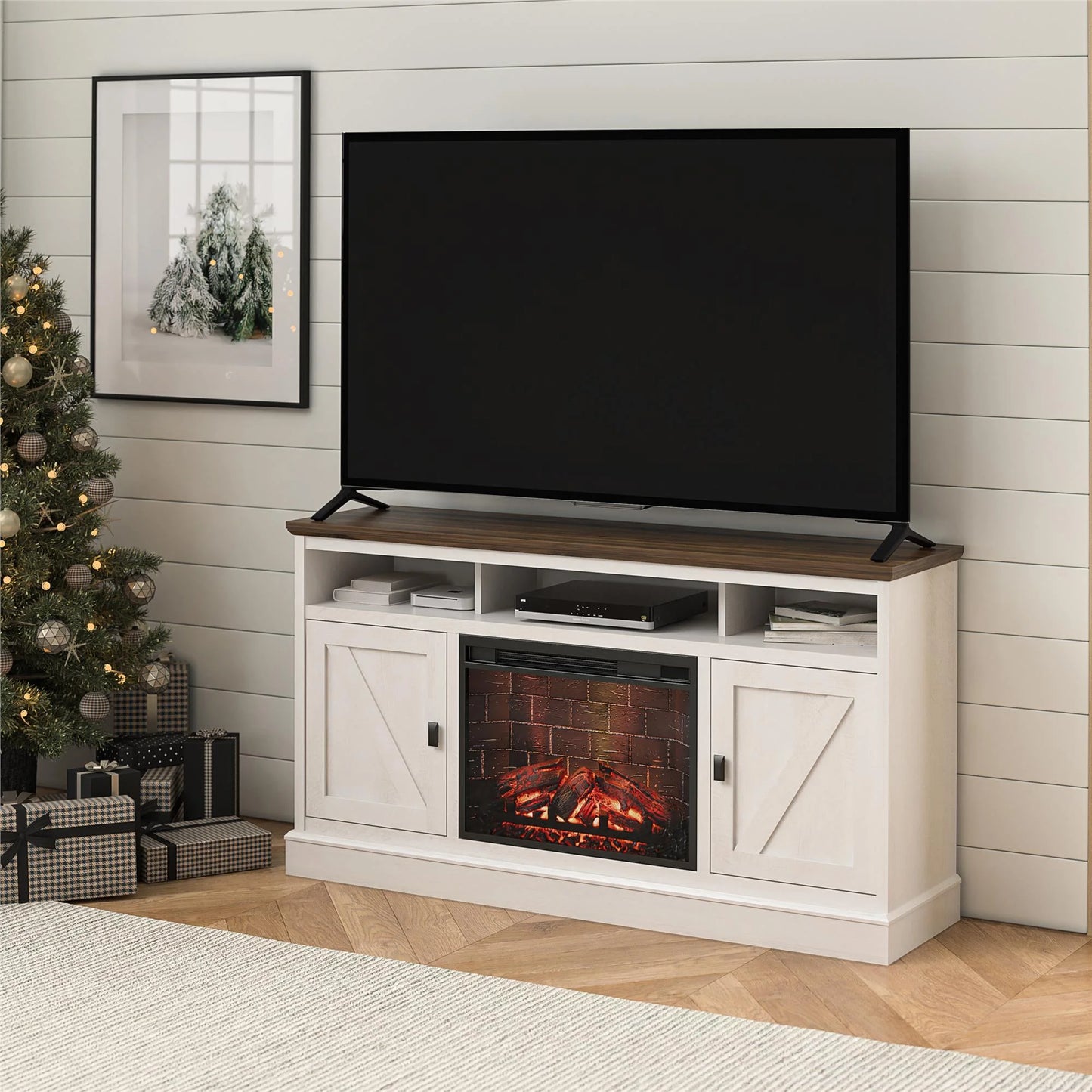 Ashton Lane Electric Fireplace TV Stand for Tvs up to 65", Magnolia Oak/Columbia Walnut