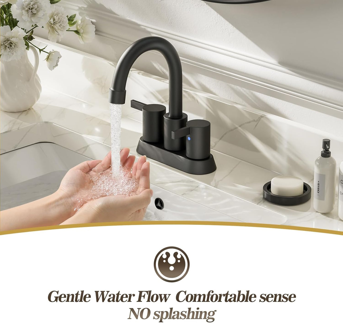 4 Inch 2 Handle Centerset Matte Black Lead-Free Modern Bathroom Faucet, 360 Swivel Spout 2-3 Hole RV Bathroom Vanity Sink Faucet with Pop up Drain and Water Supply Lines,Bf015-1-Mb