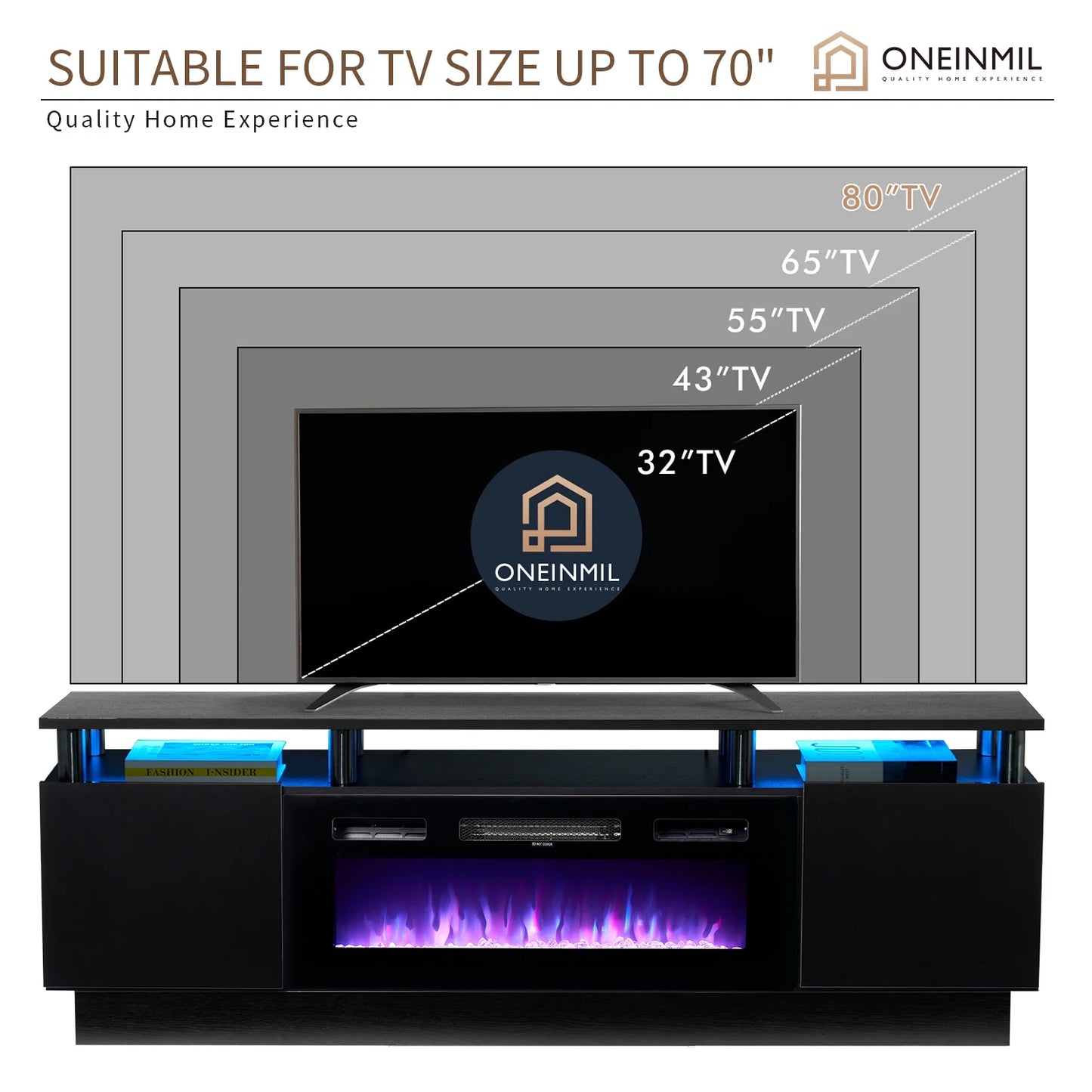 Fireplace TV Stand, Entertainment Center for Tvs up to 80", 70” TV Stand with 36'' Electric Fireplace, LED Lights Entertainment Center, TV Console, Black