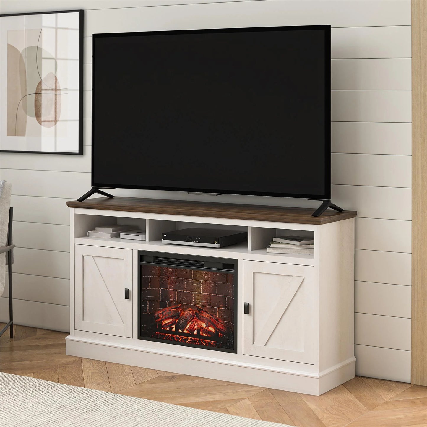 Ashton Lane Electric Fireplace TV Stand for Tvs up to 65", Magnolia Oak/Columbia Walnut