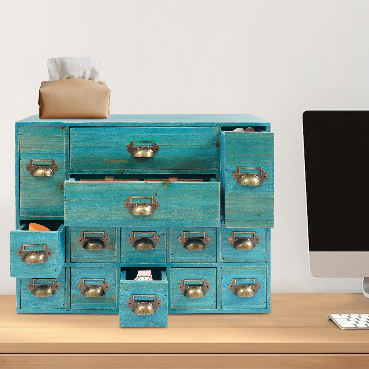 Armario De Almacenamiento Retro De 14 Cajones Organizador De Joyas De Madera Para Dormitorio Mesa