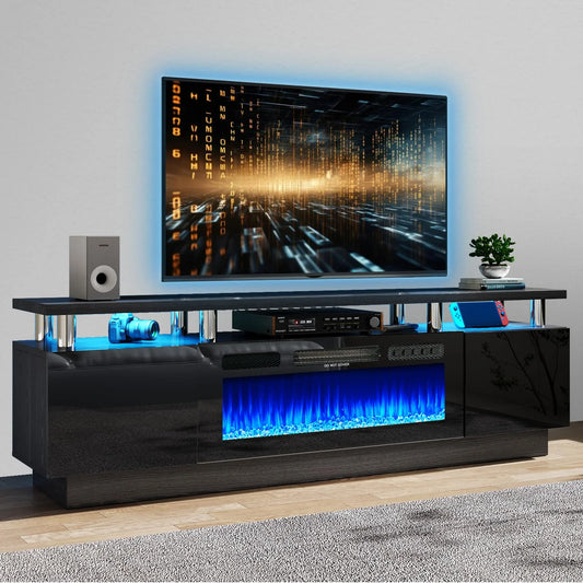 Fireplace TV Stand, Entertainment Center for Tvs up to 80", 70” TV Stand with 36'' Electric Fireplace, LED Lights Entertainment Center, TV Console, Black