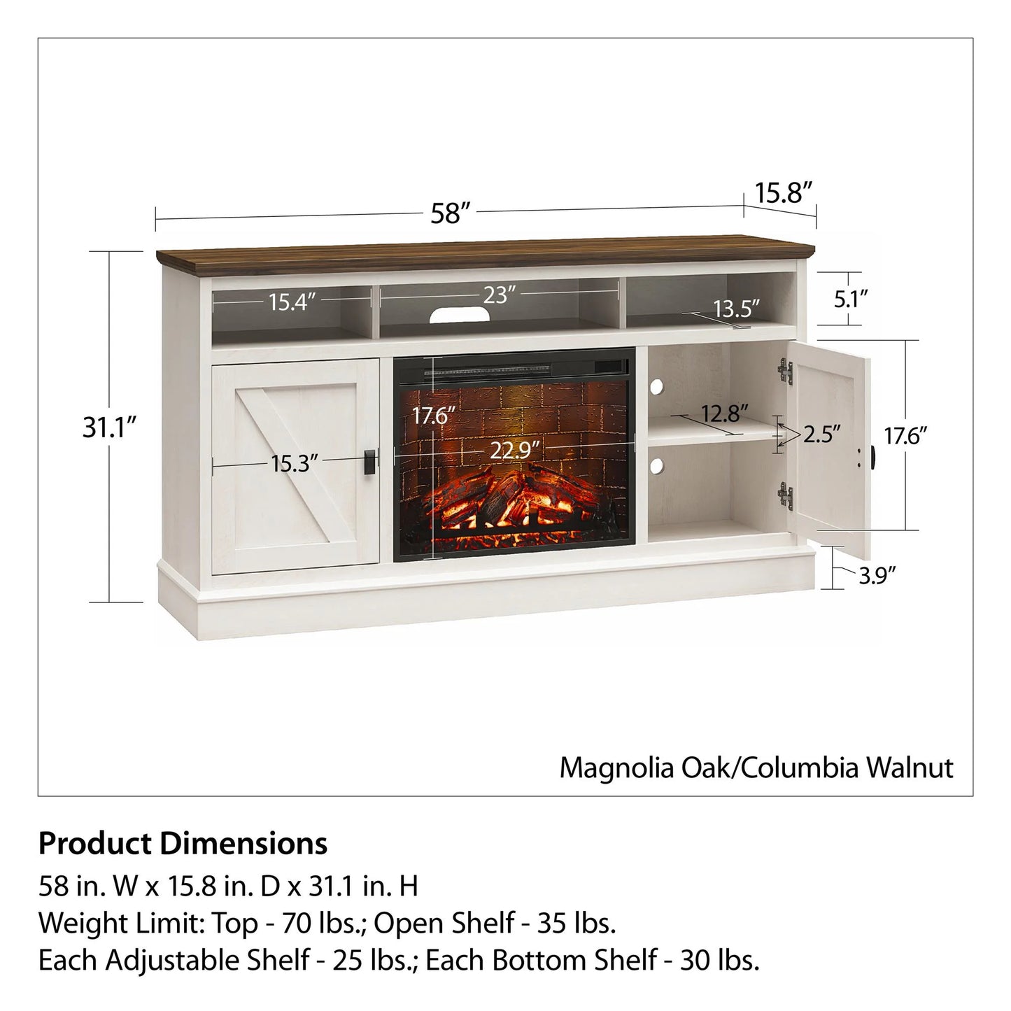 Ashton Lane Electric Fireplace TV Stand for Tvs up to 65", Magnolia Oak/Columbia Walnut