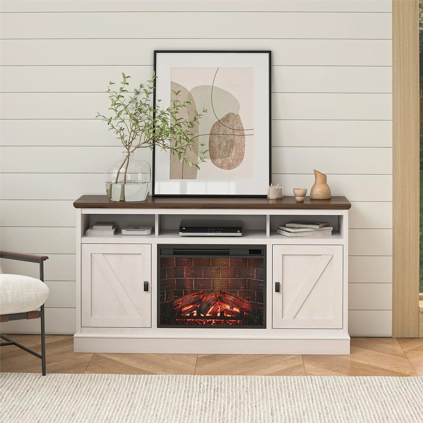 Ashton Lane Electric Fireplace TV Stand for Tvs up to 65", Magnolia Oak/Columbia Walnut