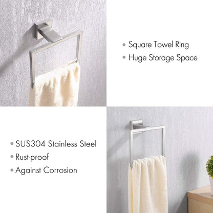 Bath Towel Ring Towel Hanger SUS 304 Stainless Steel Bathroom Accessories Contemporary Hotel Square Style Wall Mount, Brushed Finish, A2480-2