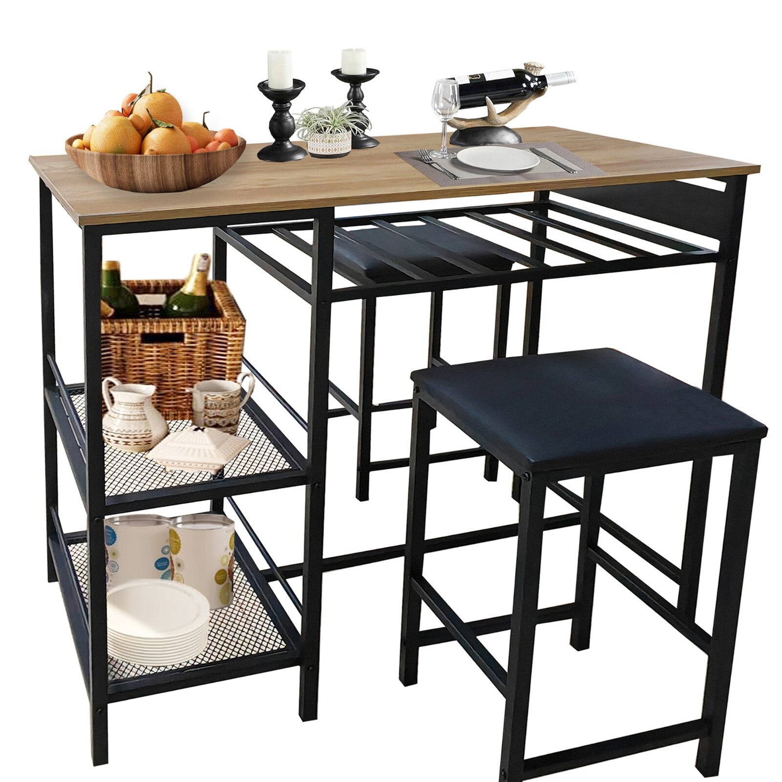 Juego De Mesa De Comedor Bar Para 2 Con Estantes De Almacenamiento Portavasos Y Estante Para Vinos