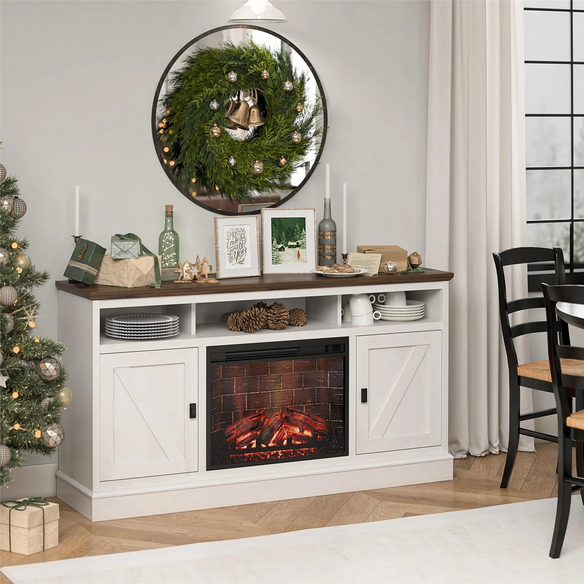 Ashton Lane Electric Fireplace TV Stand for Tvs up to 65", Magnolia Oak/Columbia Walnut