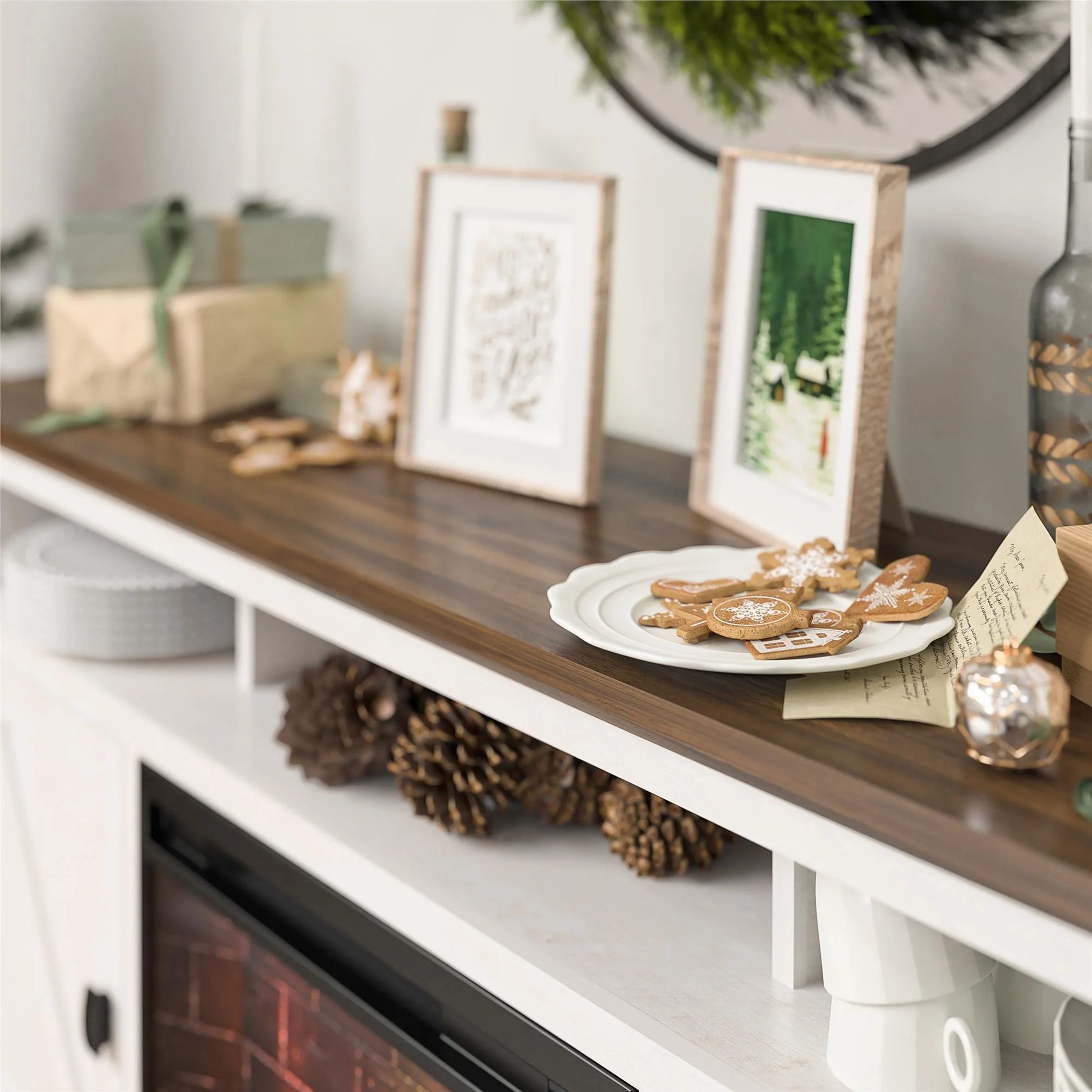Ashton Lane Electric Fireplace TV Stand for Tvs up to 65", Magnolia Oak/Columbia Walnut