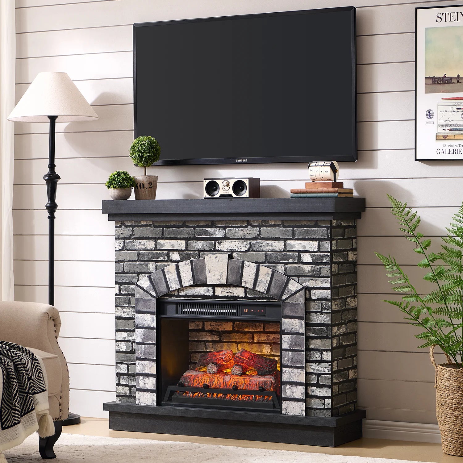 Electric Fireplace with Mantel for 42" TV Stand, Floor Standing Electric Indoor Fireplace