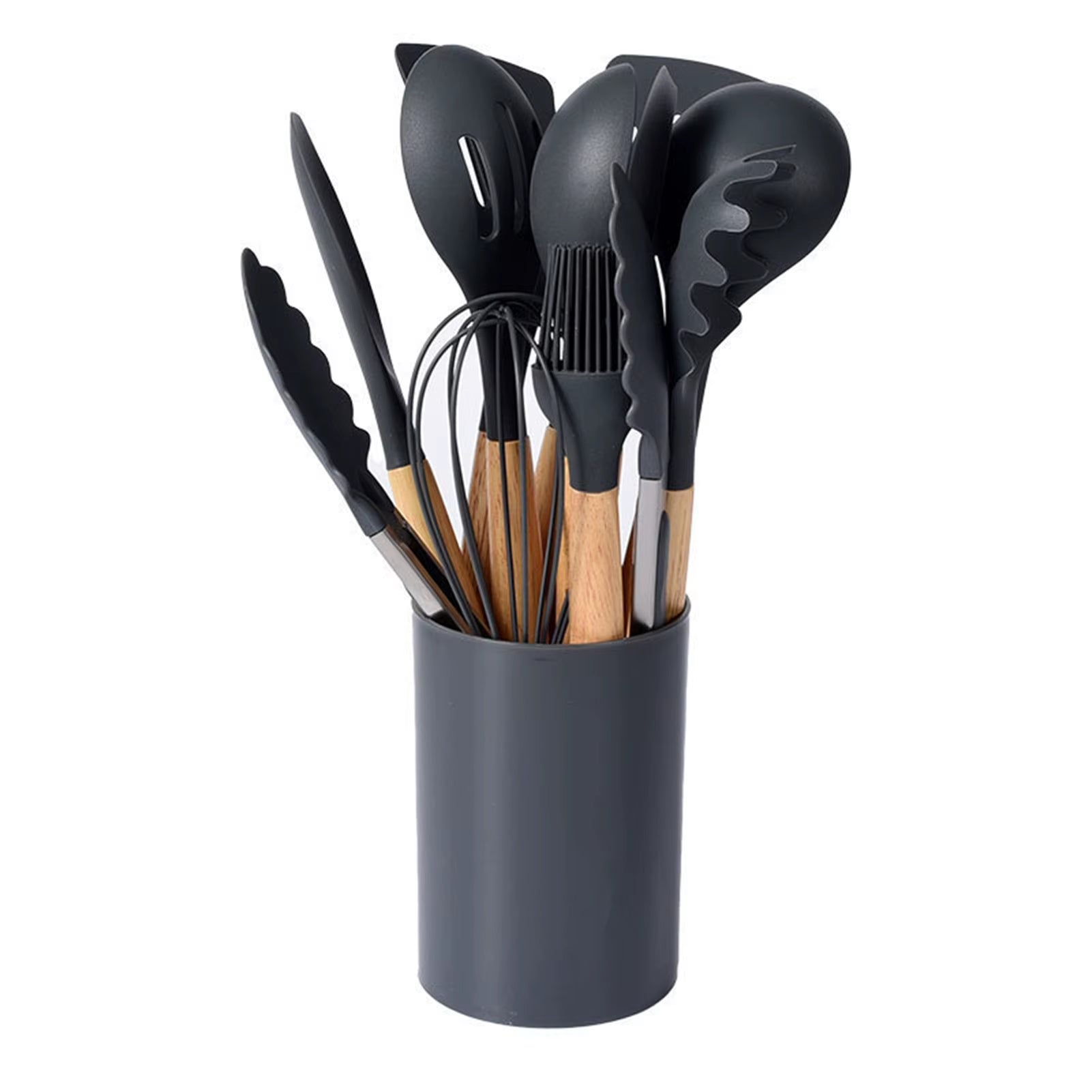 12Pcs/Set Silicone Kitchen Utensils with Holder Wooden Handle Non Stick Pot Kitchenware Kit Heat Resistant Cookware Tools