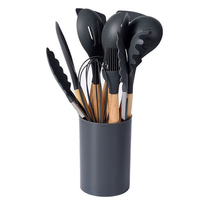 12Pcs/Set Silicone Kitchen Utensils with Holder Wooden Handle Non Stick Pot Kitchenware Kit Heat Resistant Cookware Tools