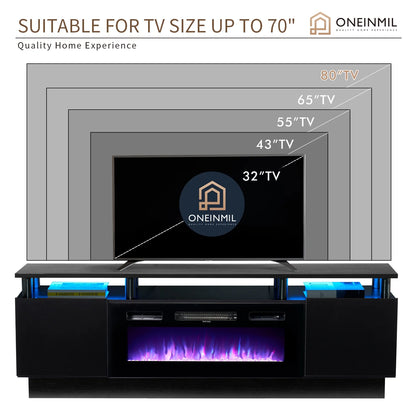 Fireplace TV Stand, Entertainment Center for Tvs up to 80", 70” TV Stand with 36'' Electric Fireplace, LED Lights Entertainment Center, TV Console, Black